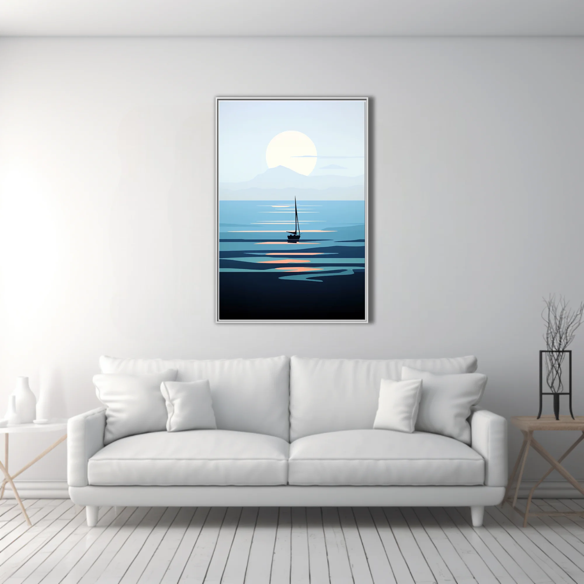 Minimalist sailboat seascape flat graphic art in cool blue tones with glowing sun