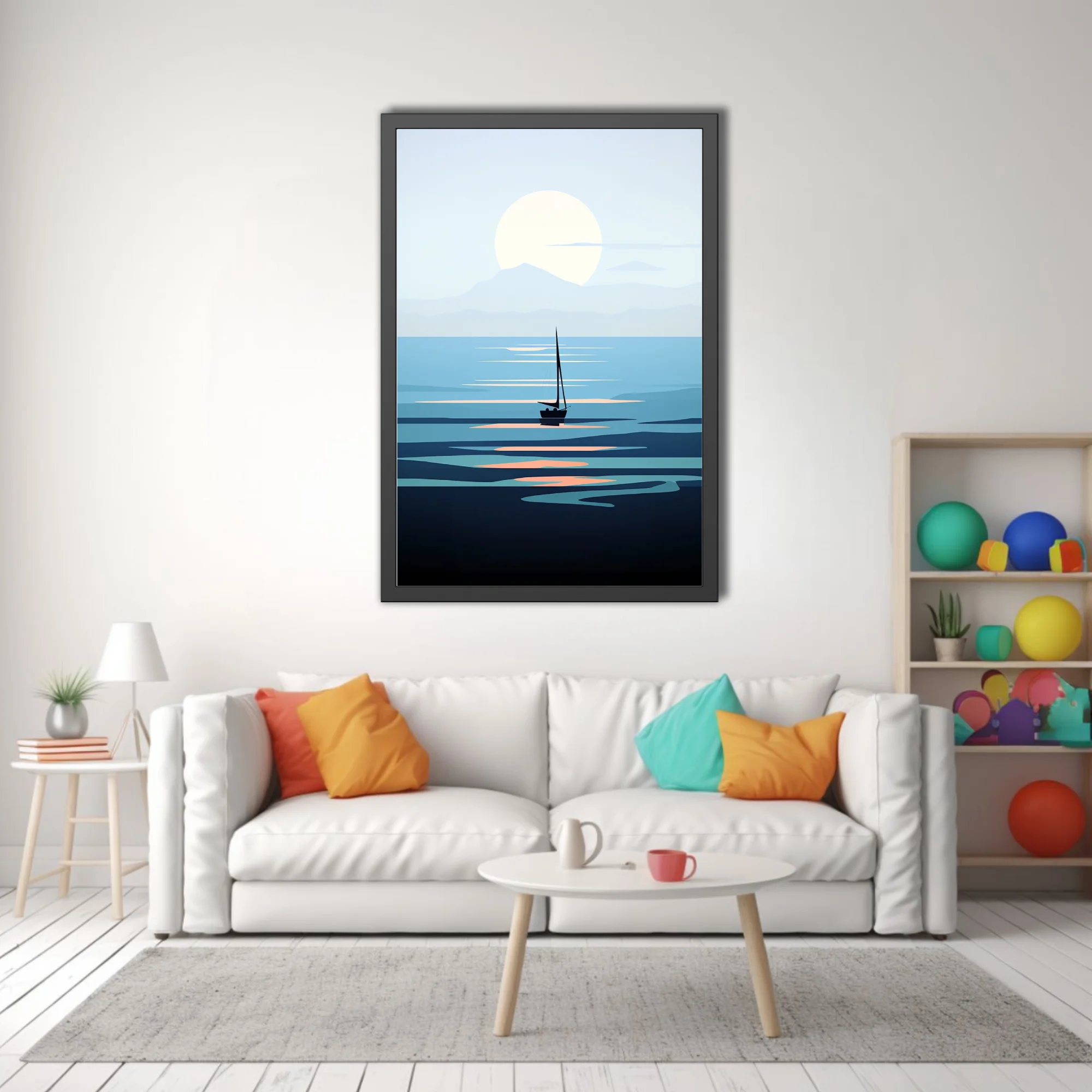 Minimalist sailboat seascape flat graphic art in cool blue tones with glowing sun