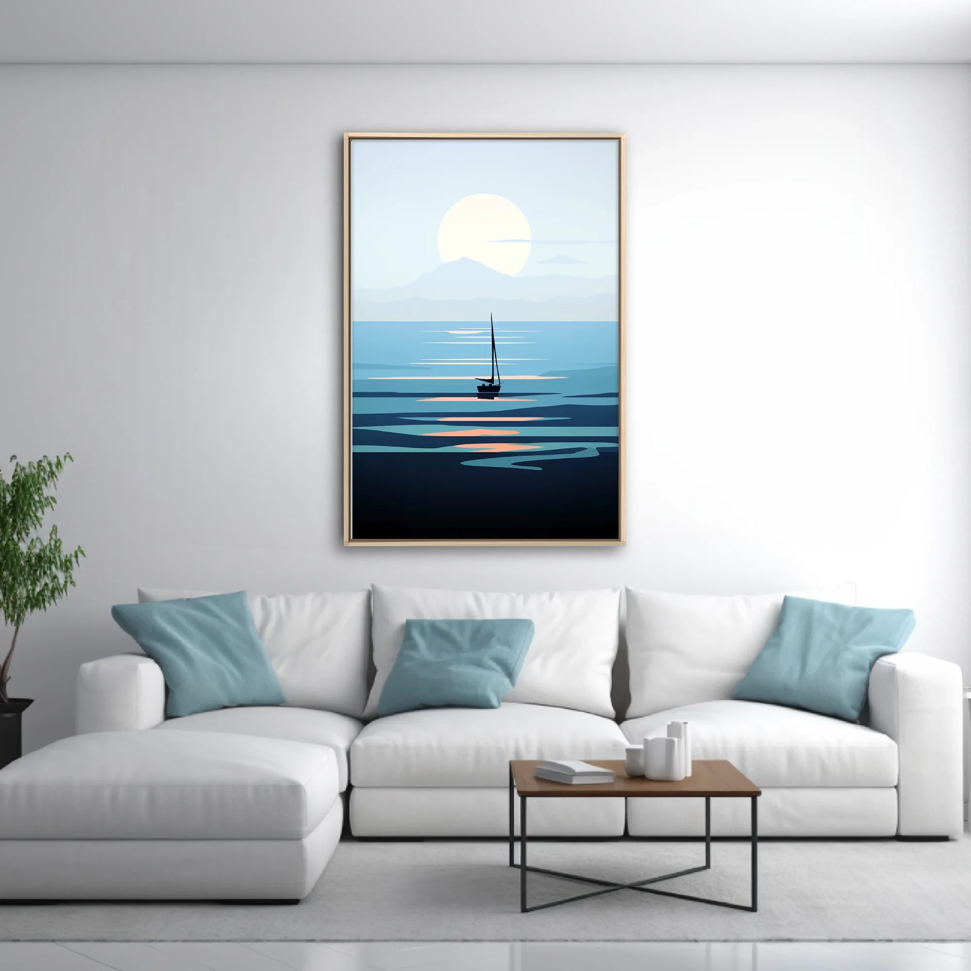 Minimalist sailboat seascape flat graphic art in cool blue tones with glowing sun
