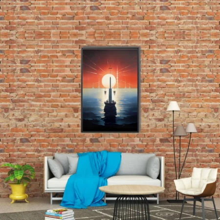 Retro graphic sailboat silhouette against glowing sunset on calm blue sea