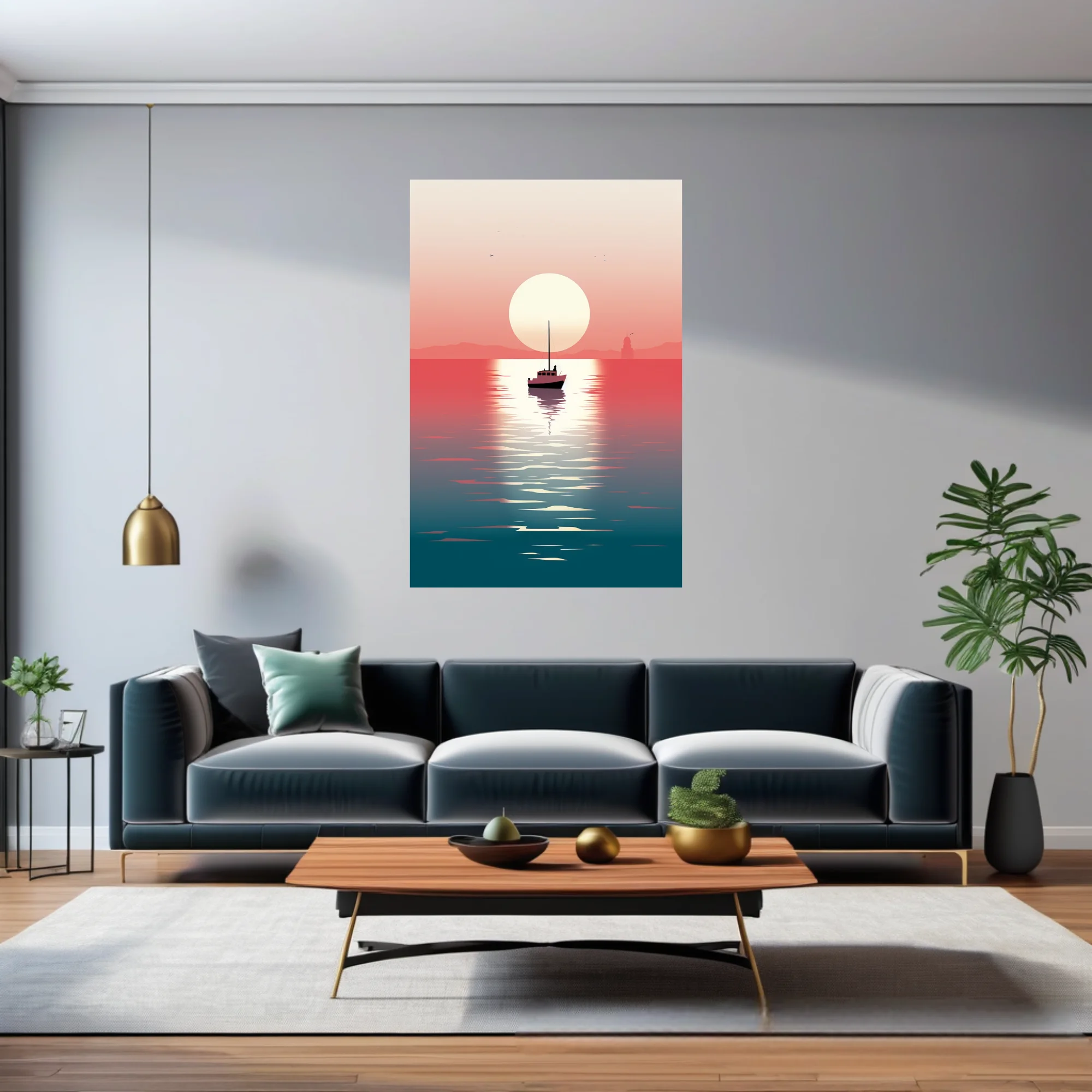 Minimalist sunset seascape with boat silhouette, coral-to-teal gradient, glassy water reflection