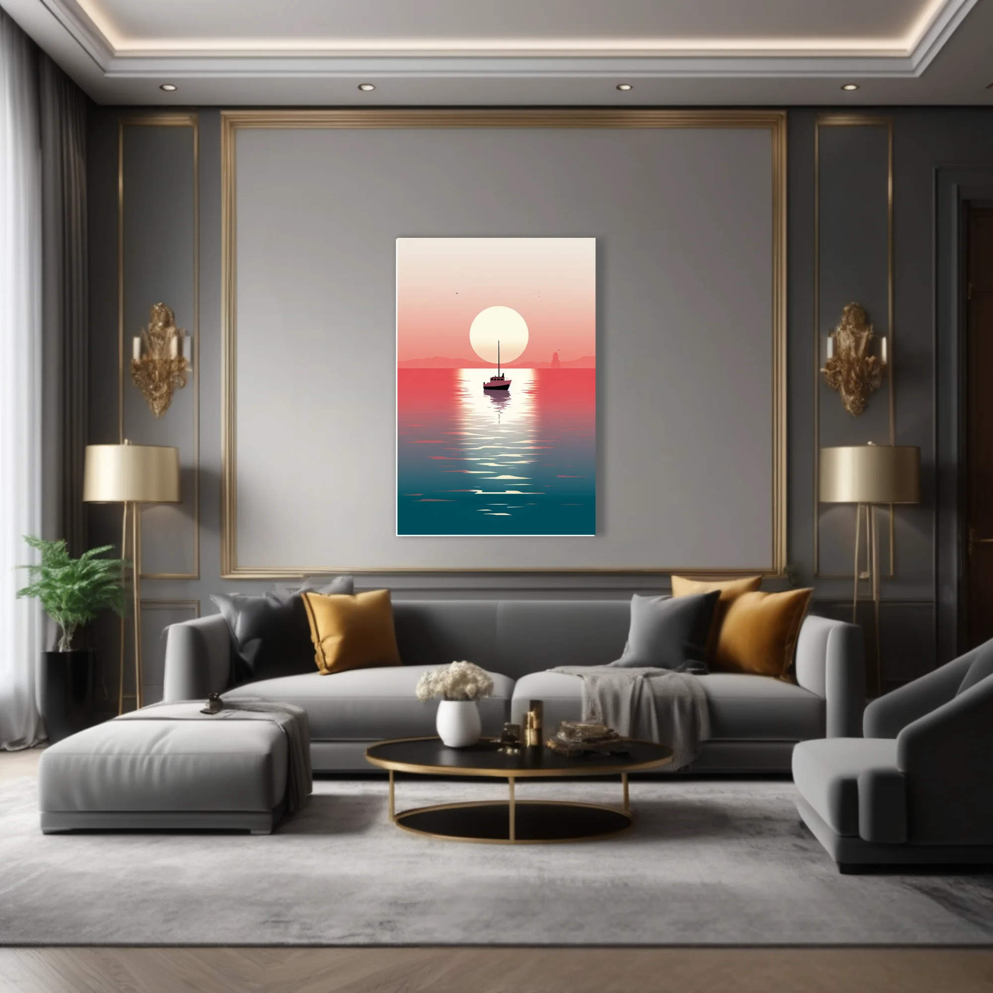 Minimalist sunset seascape with boat silhouette, coral-to-teal gradient, glassy water reflection