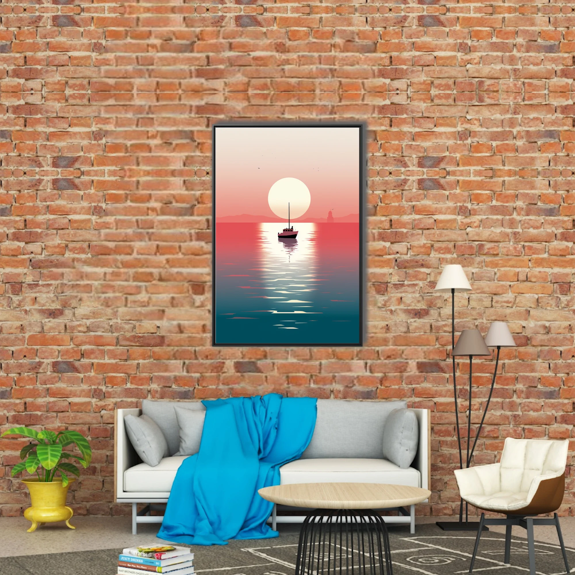 Minimalist sunset seascape with boat silhouette, coral-to-teal gradient, glassy water reflection