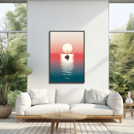 Minimalist sunset seascape with boat silhouette, coral-to-teal gradient, glassy water reflection