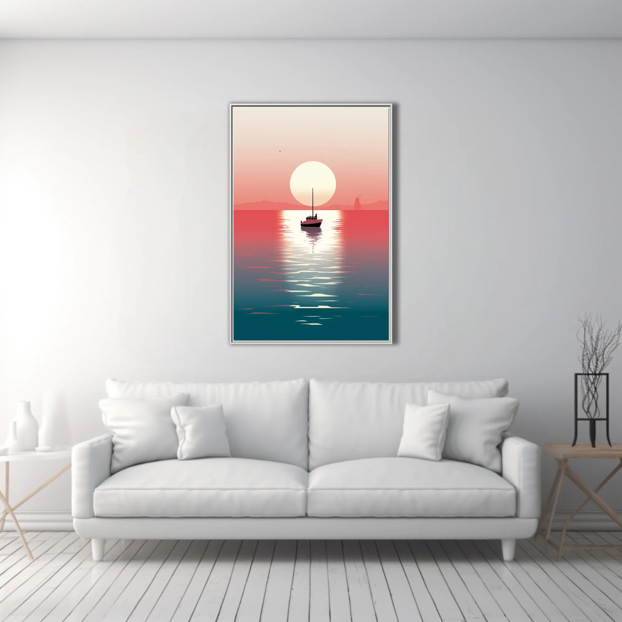 Minimalist sunset seascape with boat silhouette, coral-to-teal gradient, glassy water reflection