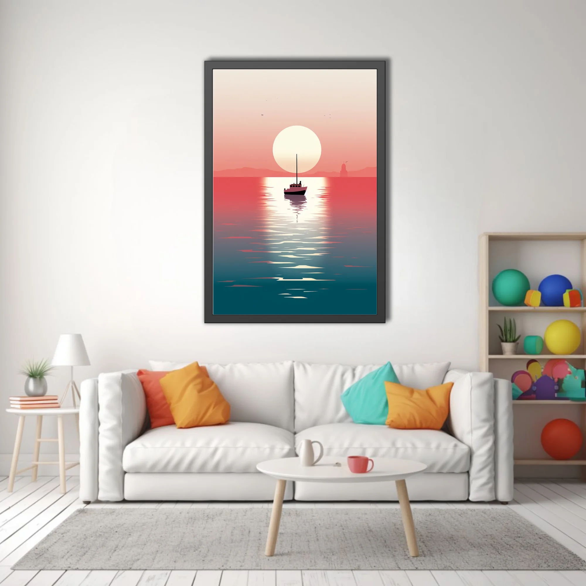 Minimalist sunset seascape with boat silhouette, coral-to-teal gradient, glassy water reflection