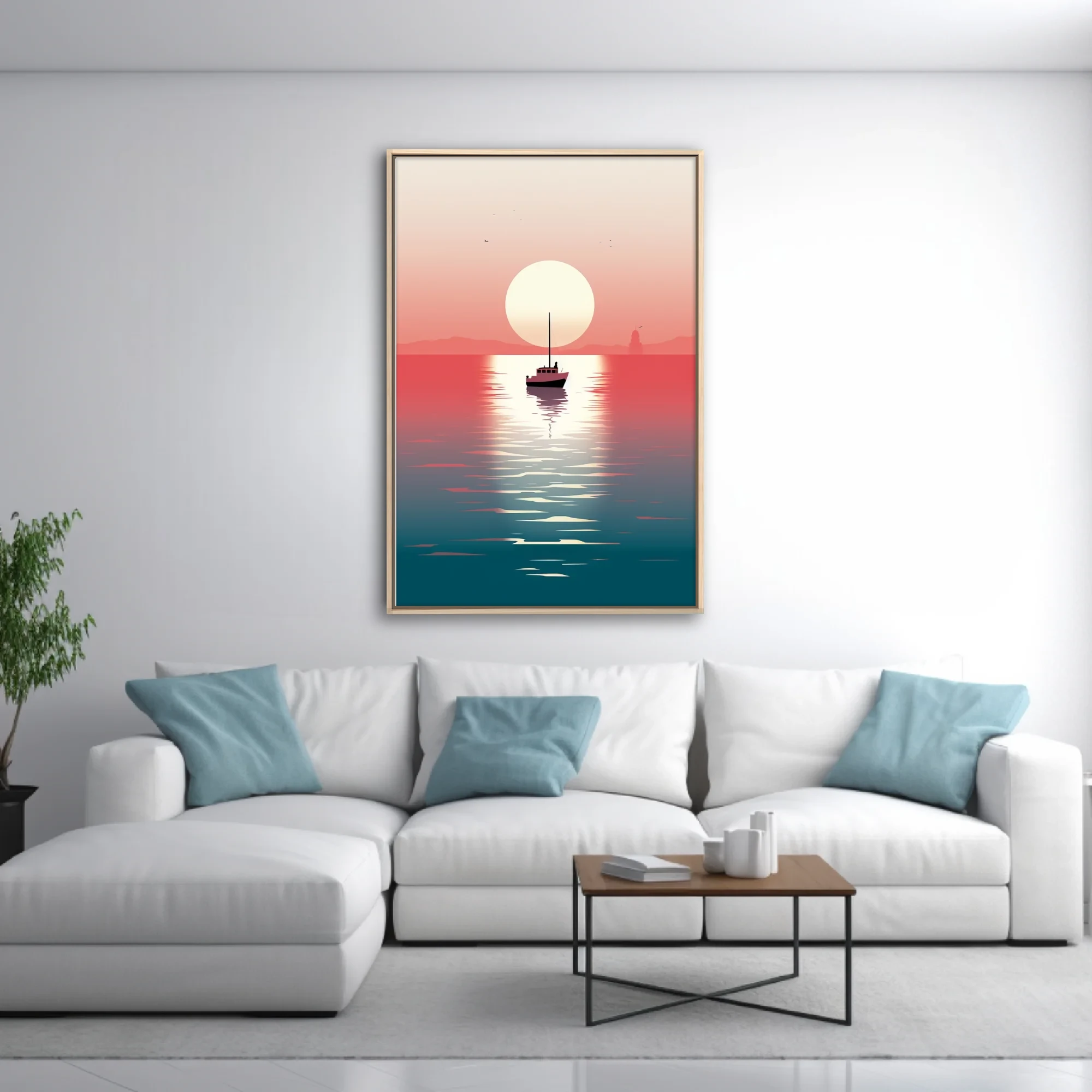 Minimalist sunset seascape with boat silhouette, coral-to-teal gradient, glassy water reflection