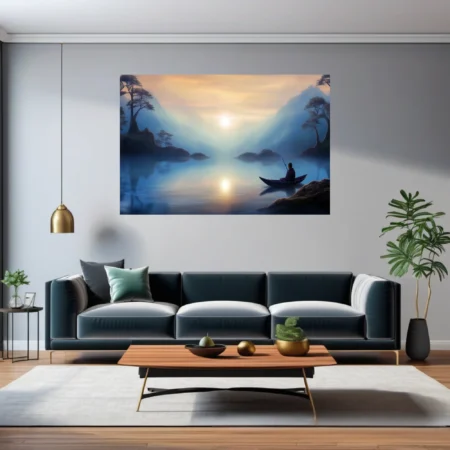Misty East Asian-style landscape with lone boat figure, soft blue tones and glowing light