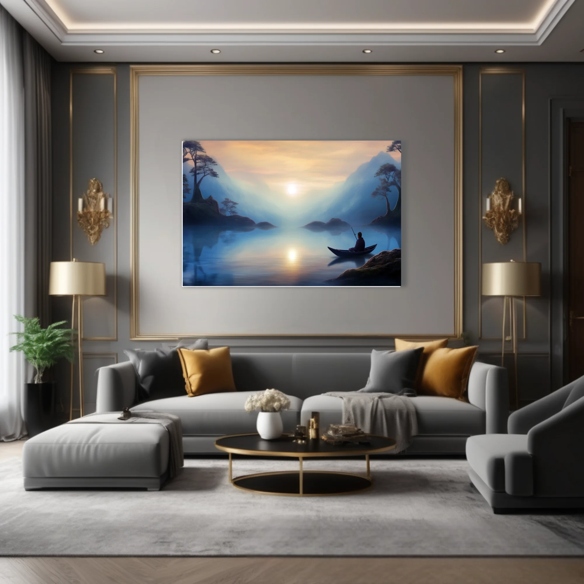 Misty East Asian-style landscape with lone boat figure, soft blue tones and glowing light