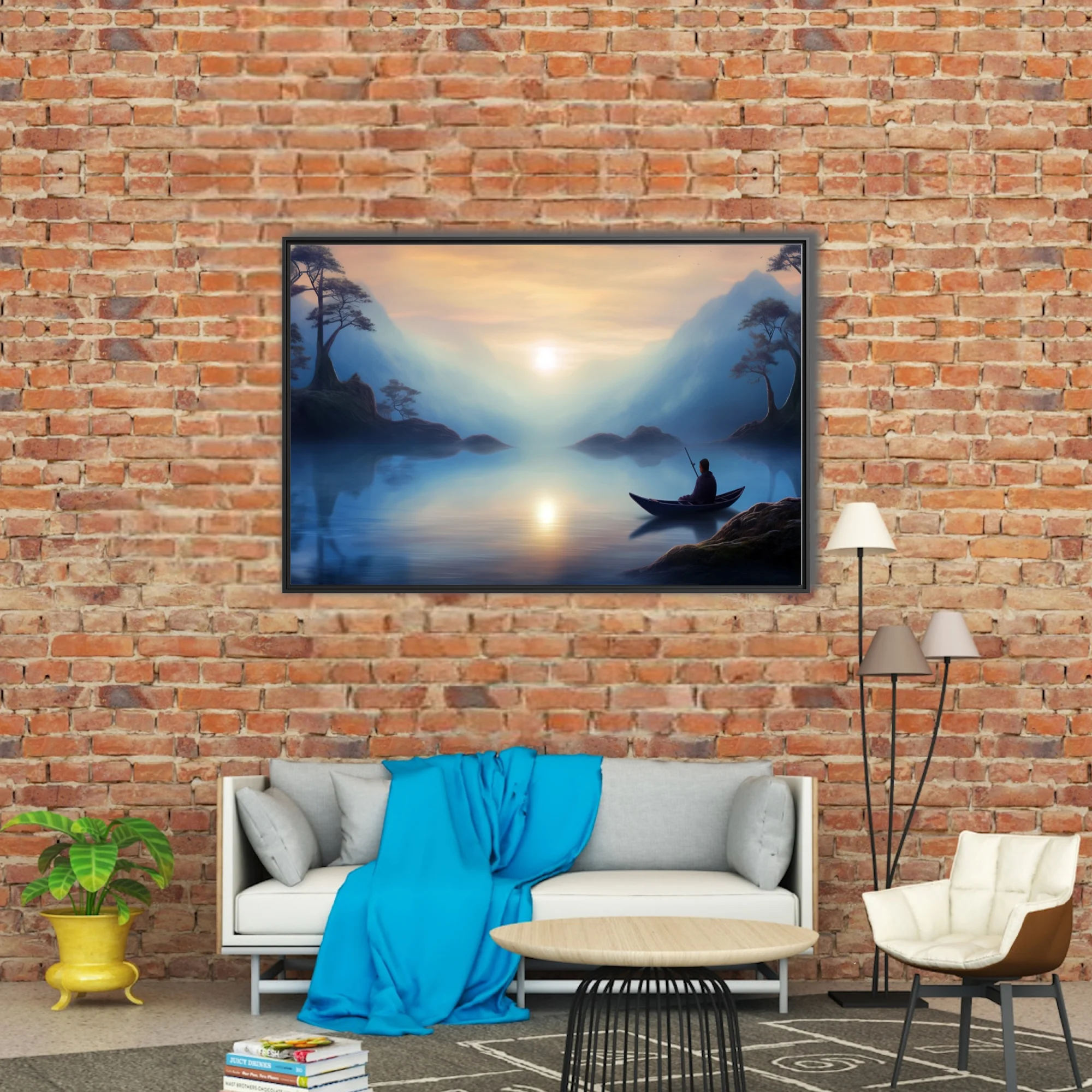 Misty East Asian-style landscape with lone boat figure, soft blue tones and glowing light