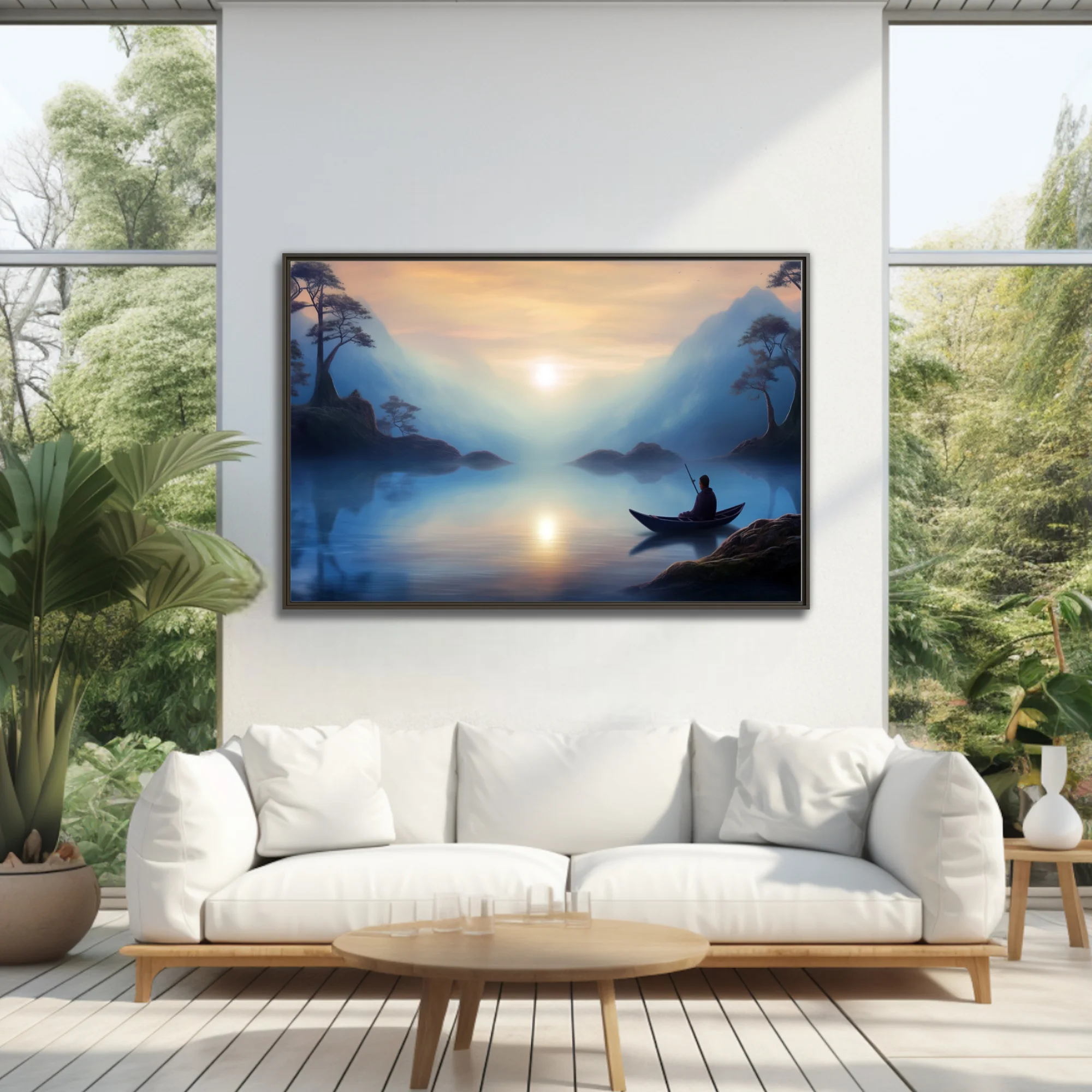 Misty East Asian-style landscape with lone boat figure, soft blue tones and glowing light