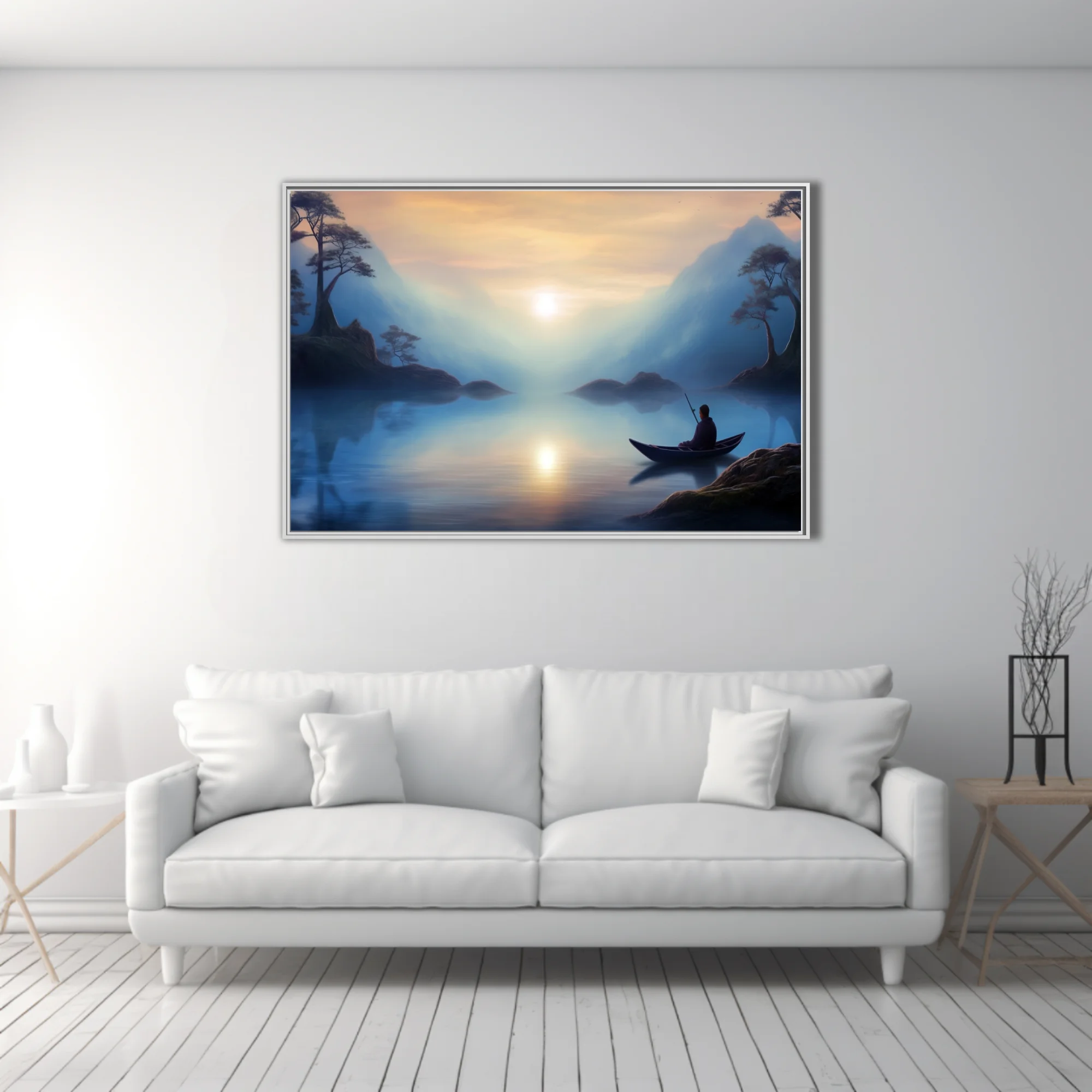 Misty East Asian-style landscape with lone boat figure, soft blue tones and glowing light