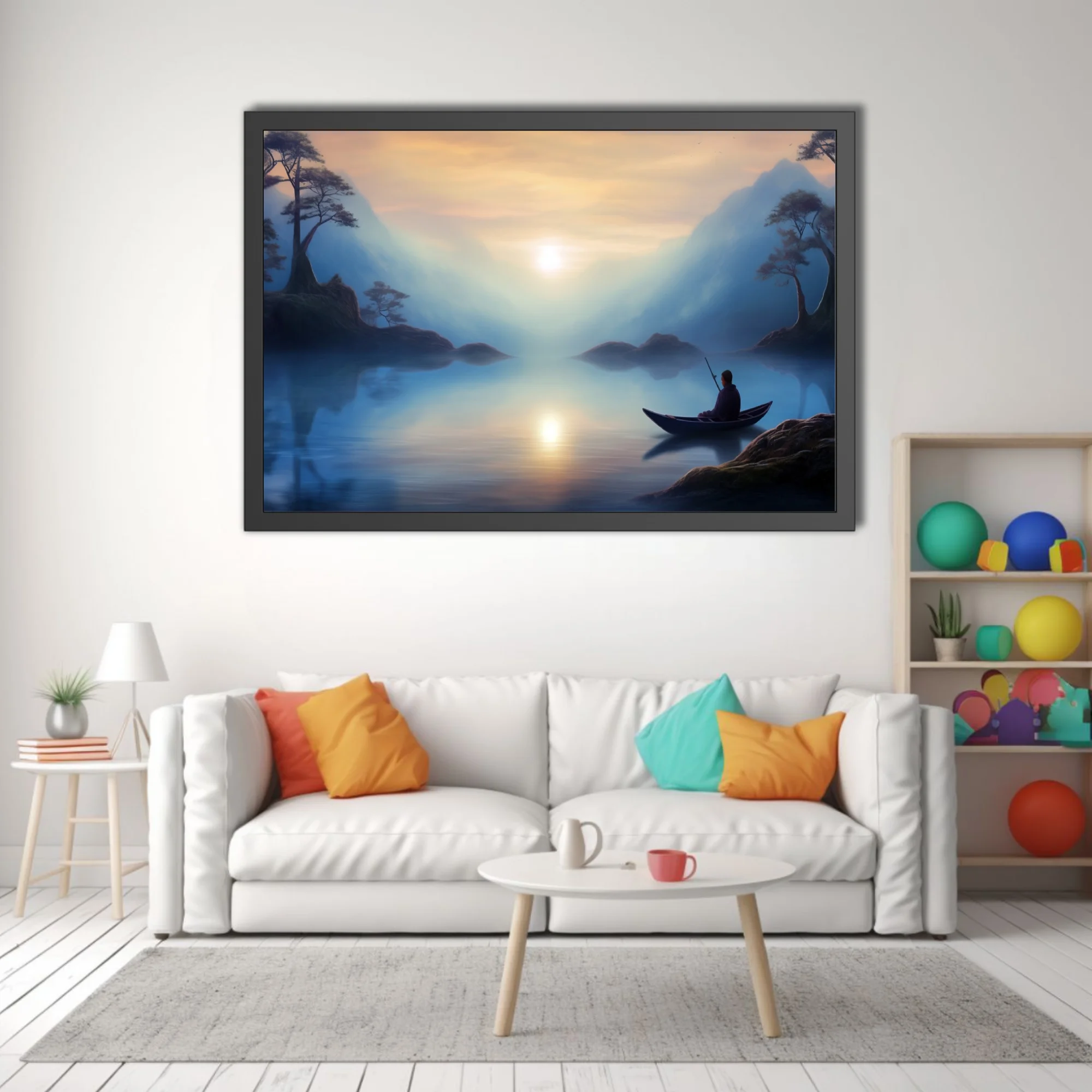 Misty East Asian-style landscape with lone boat figure, soft blue tones and glowing light