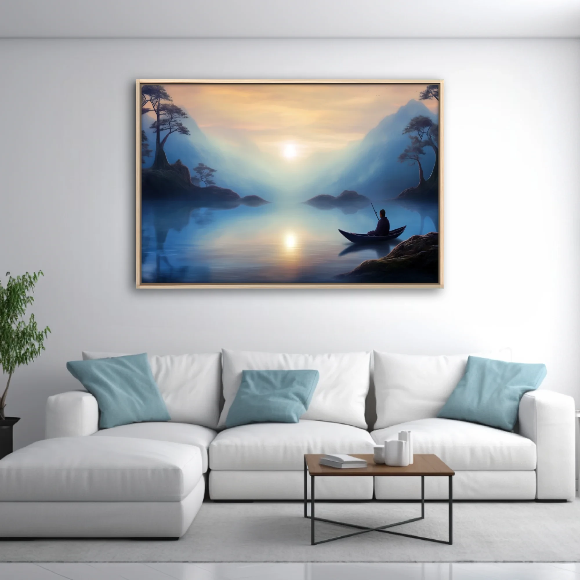 Misty East Asian-style landscape with lone boat figure, soft blue tones and glowing light
