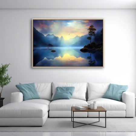 Fantasy alpine lake at sunrise, misty mountains reflecting in glassy blue water