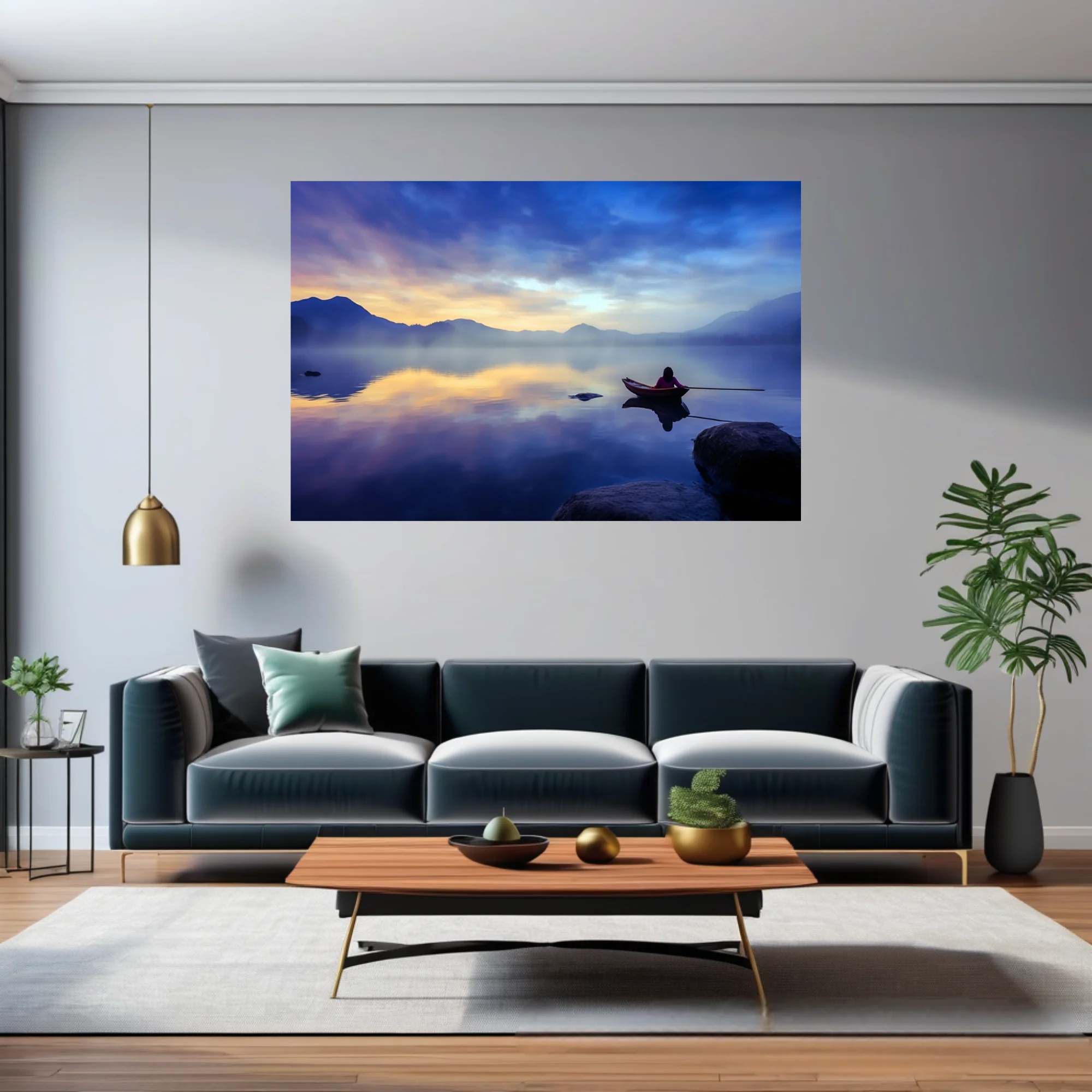 Misty mountain lake at twilight with lone figure in rowboat, cobalt and gold palette