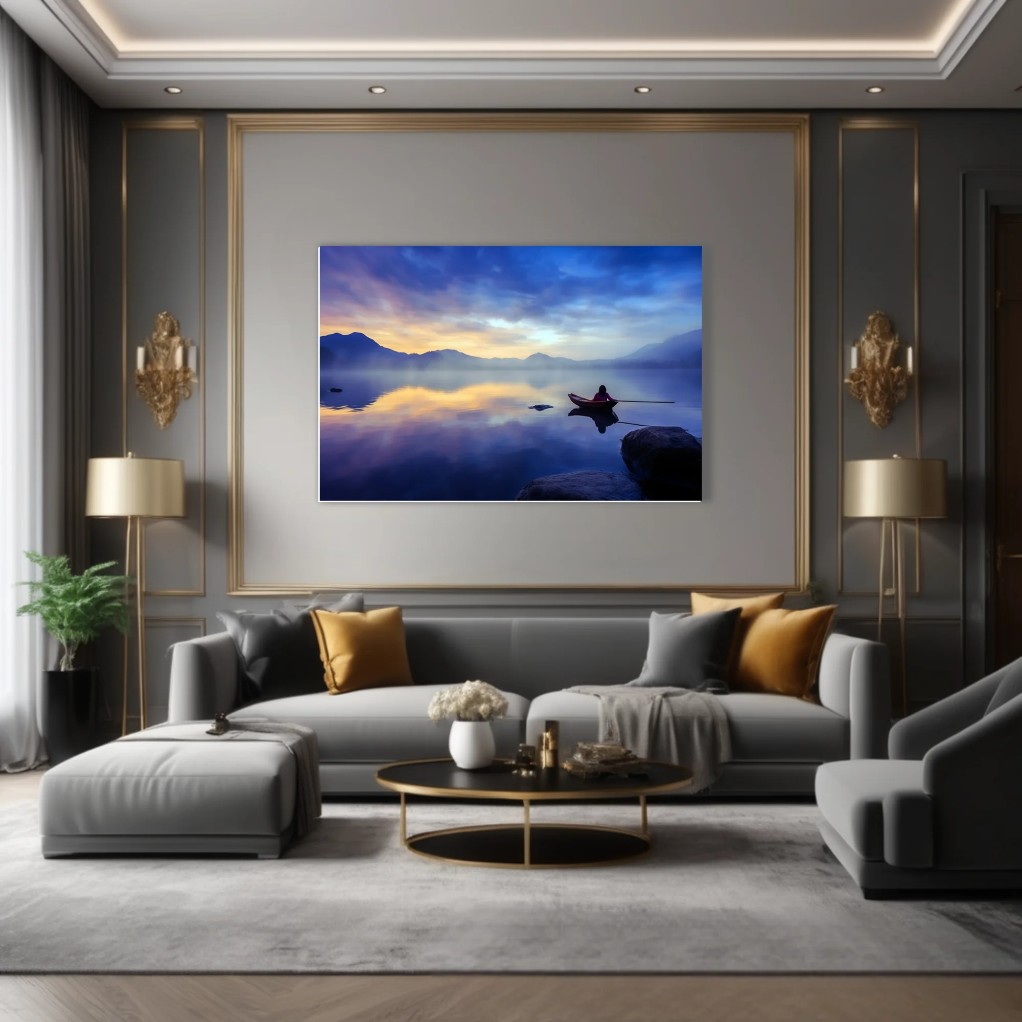 Misty mountain lake at twilight with lone figure in rowboat, cobalt and gold palette