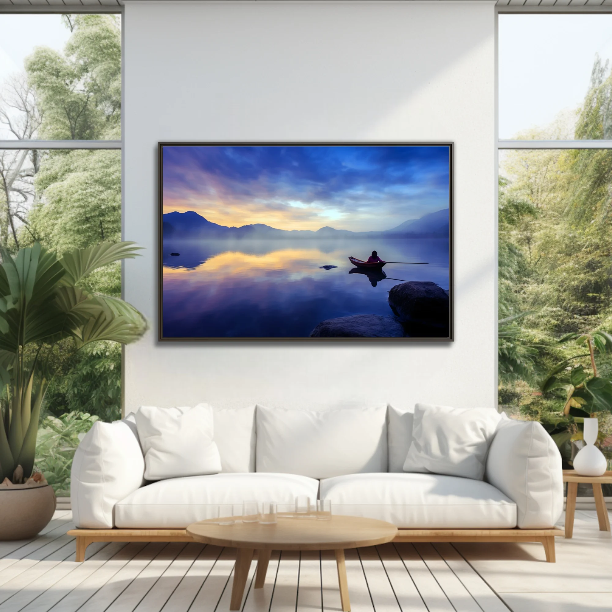 Misty mountain lake at twilight with lone figure in rowboat, cobalt and gold palette