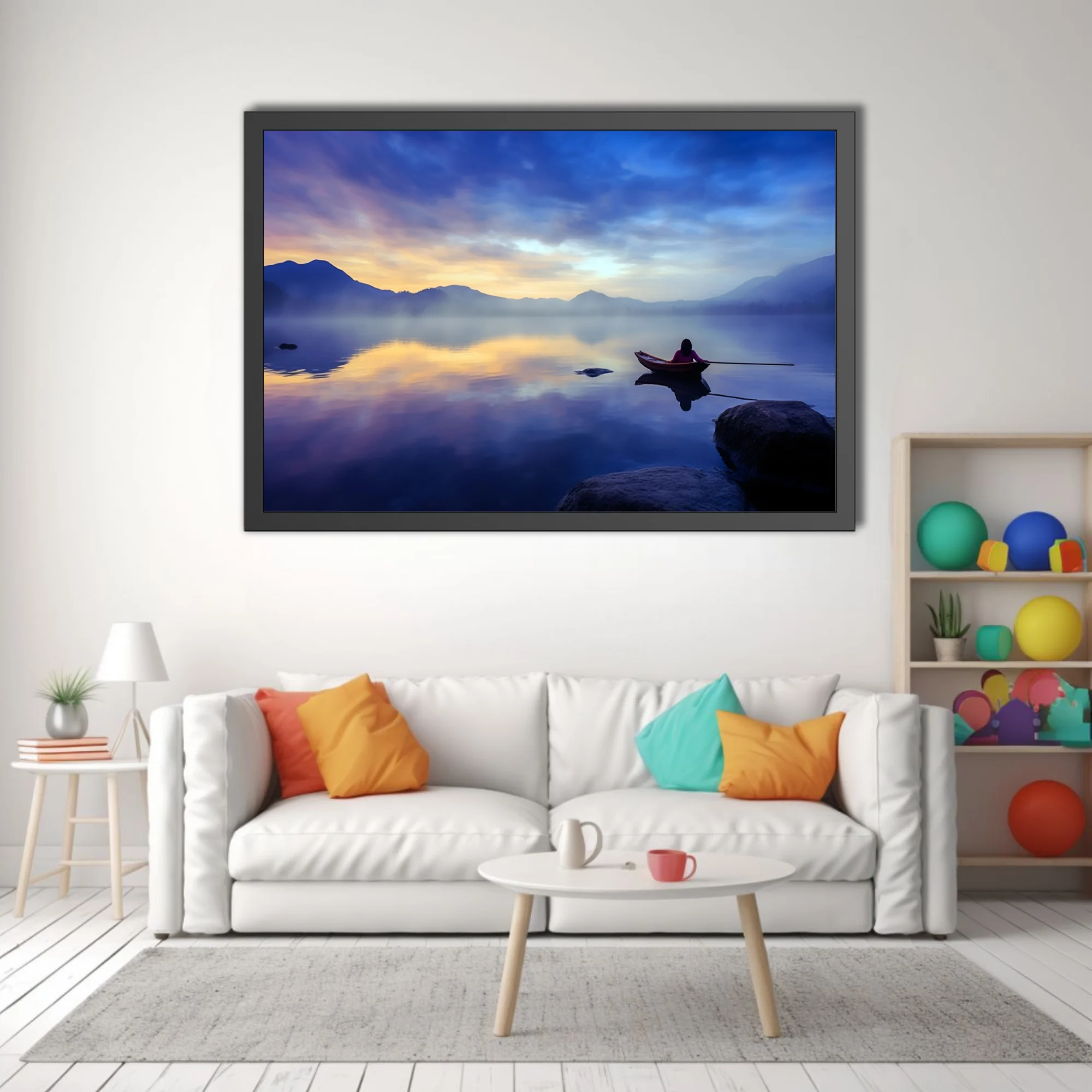 Misty mountain lake at twilight with lone figure in rowboat, cobalt and gold palette