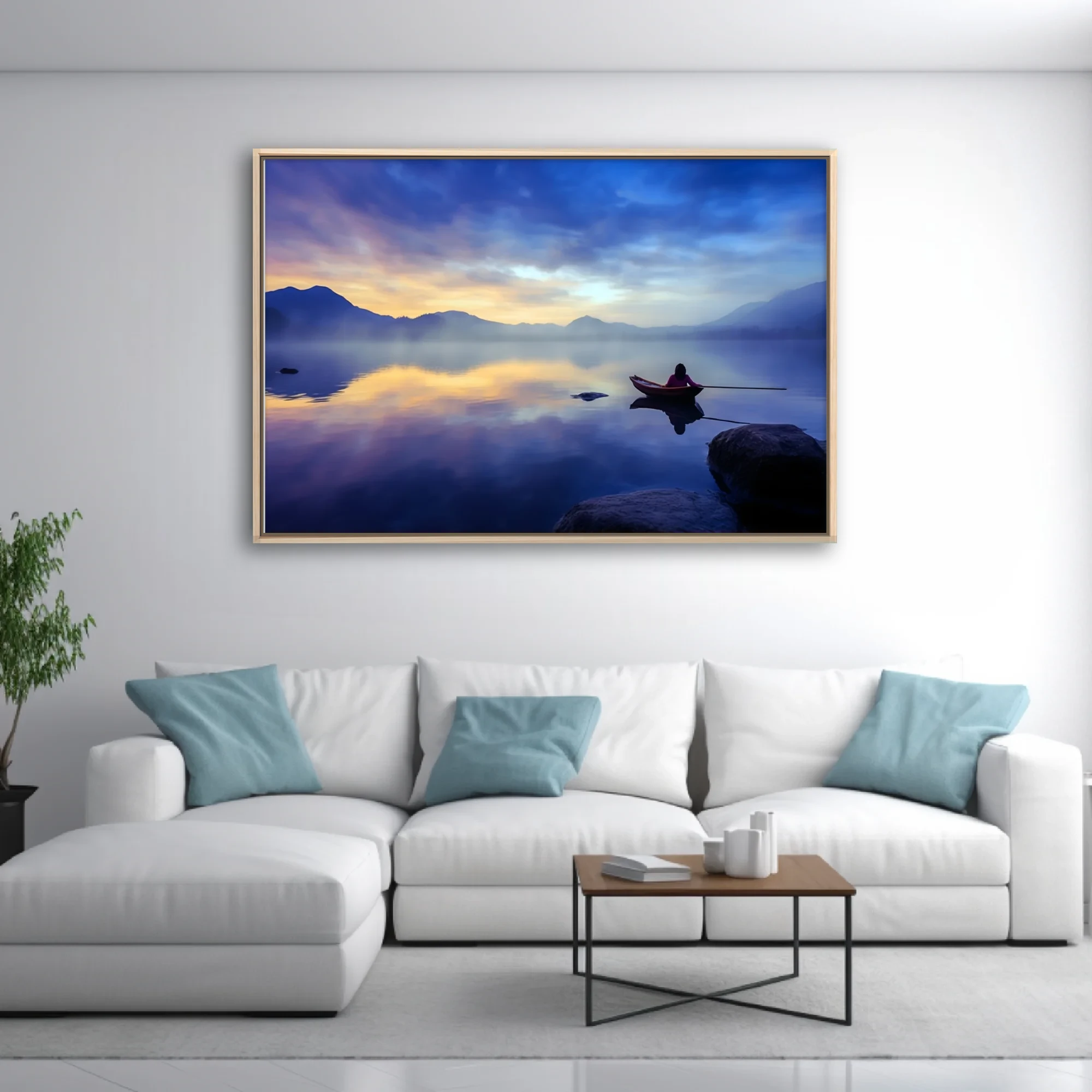Misty mountain lake at twilight with lone figure in rowboat, cobalt and gold palette