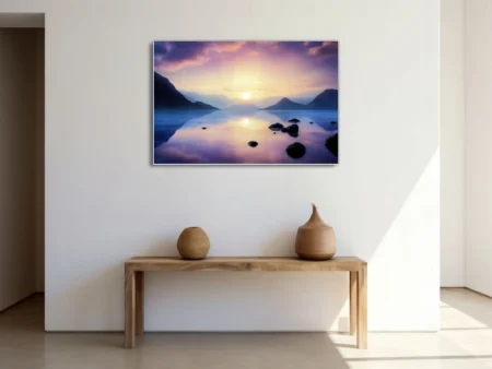 Twilight mountain lake reflection in violet and gold tones