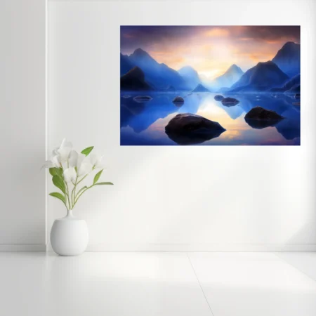 Fantasy mountain lake at twilight, blue tones, glowing sky reflection