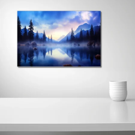 Misty alpine lake at twilight with mountain reflections and pine silhouettes