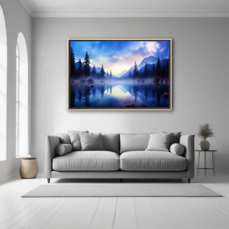 Misty alpine lake at twilight with mountain reflections and pine silhouettes