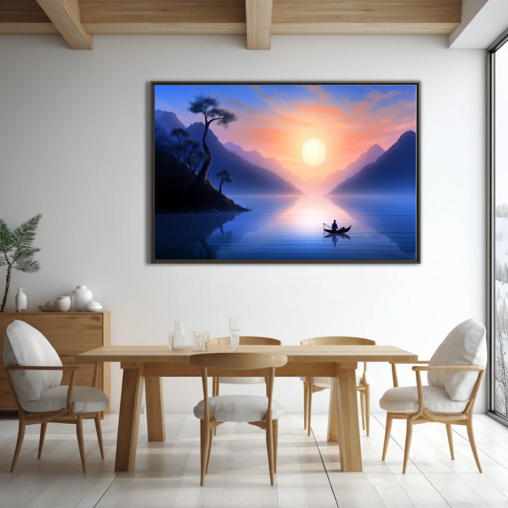 East Asian ink-wash-style landscape, misty mountains, glowing sunrise, lone figure in boat