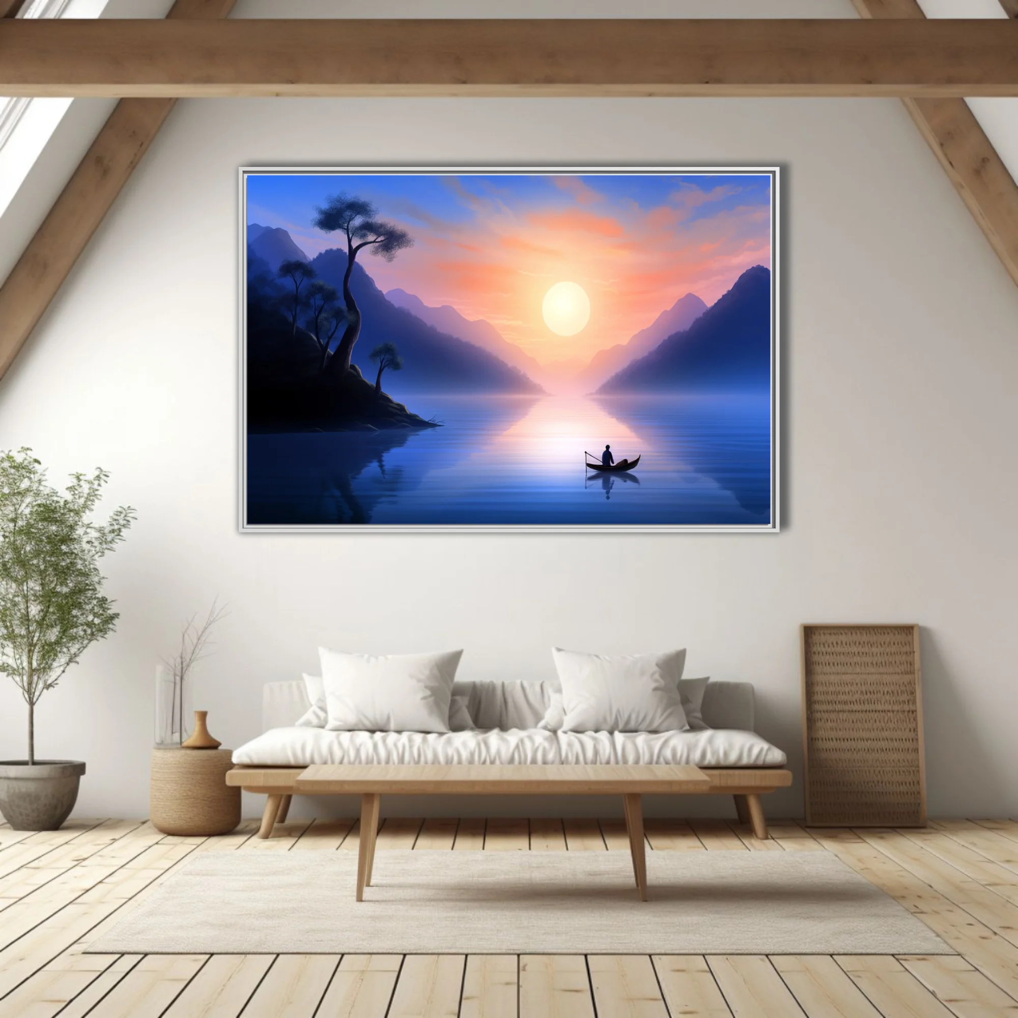 East Asian ink-wash-style landscape, misty mountains, glowing sunrise, lone figure in boat
