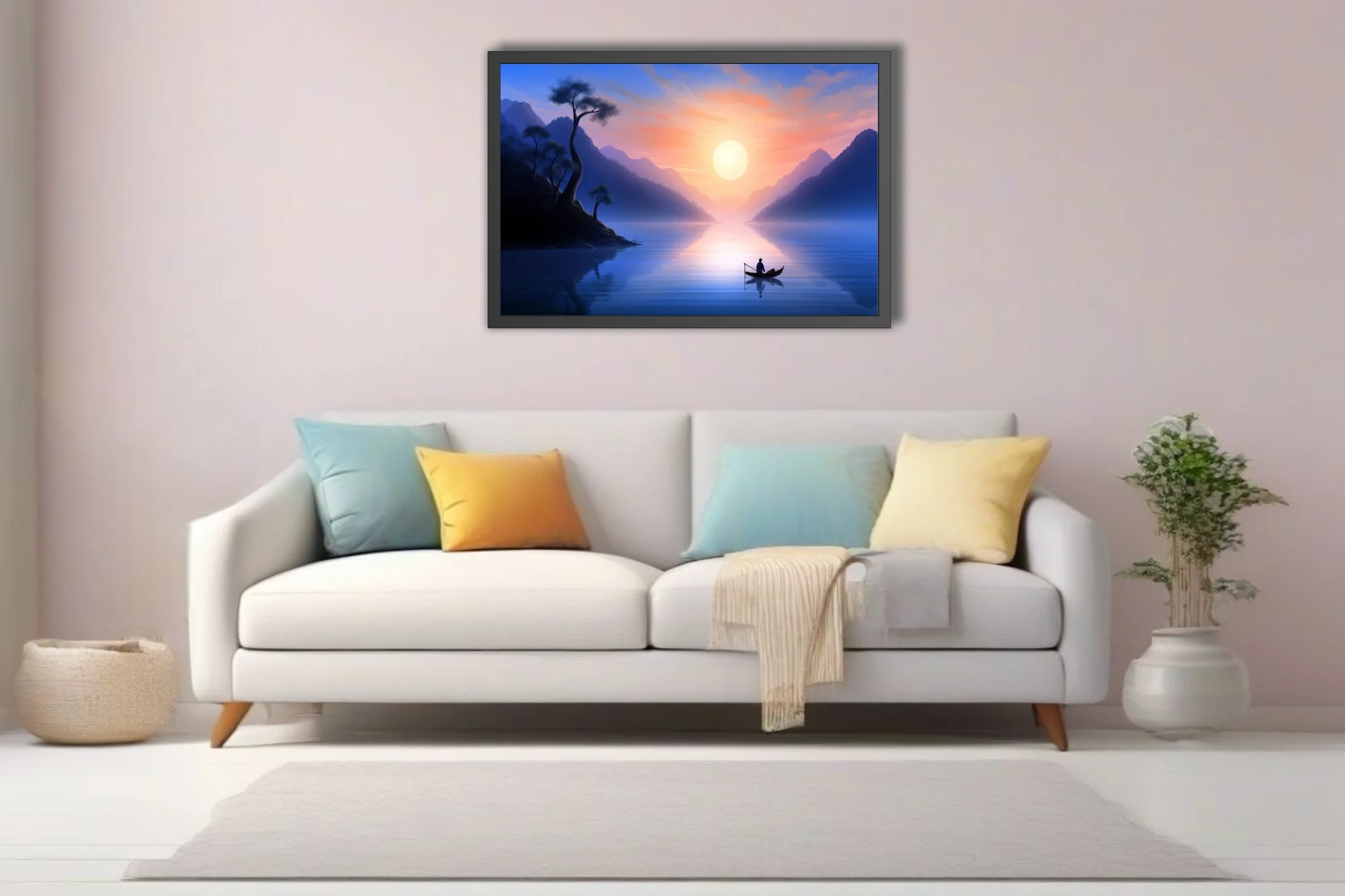 East Asian ink-wash-style landscape, misty mountains, glowing sunrise, lone figure in boat