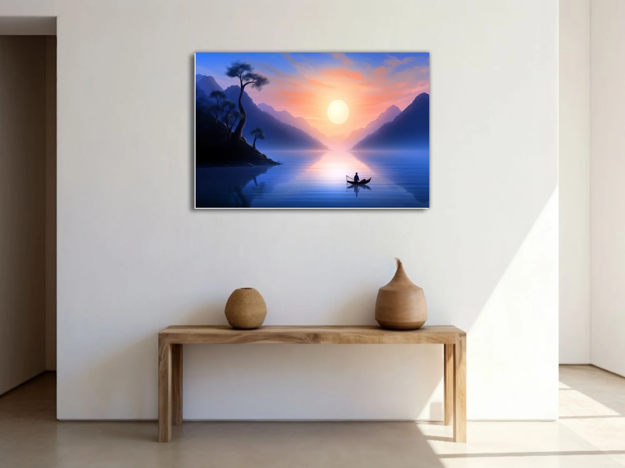 East Asian ink-wash-style landscape, misty mountains, glowing sunrise, lone figure in boat