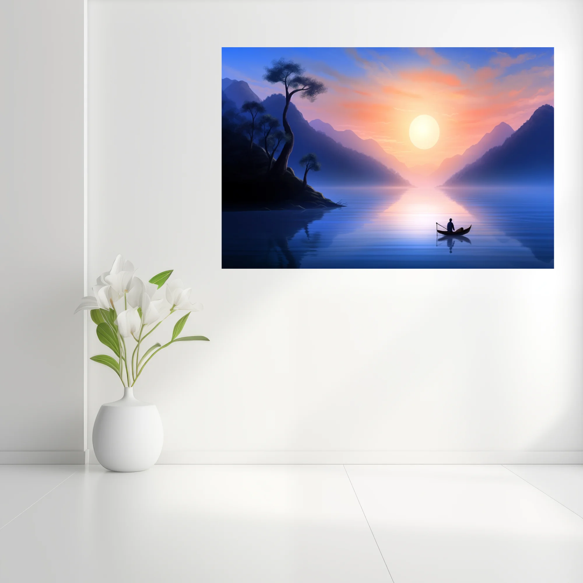 East Asian ink-wash-style landscape, misty mountains, glowing sunrise, lone figure in boat