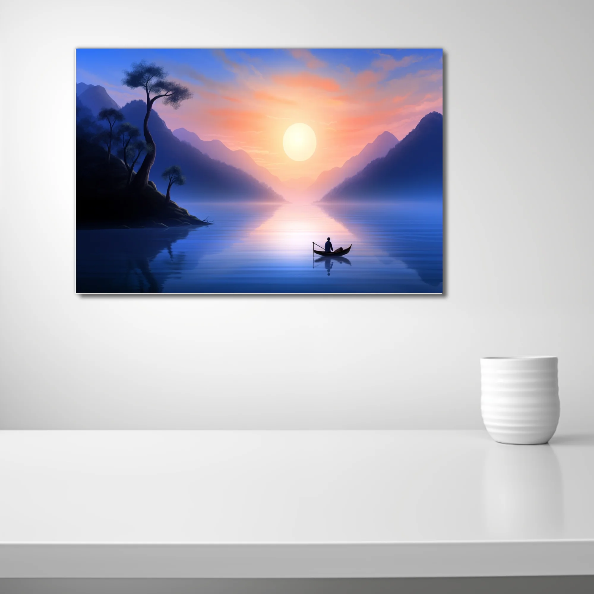 East Asian ink-wash-style landscape, misty mountains, glowing sunrise, lone figure in boat