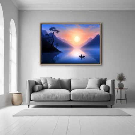 East Asian ink-wash-style landscape, misty mountains, glowing sunrise, lone figure in boat