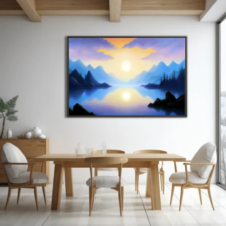 Fantasy mountain lake at sunrise, violet and gold palette, glassy reflection