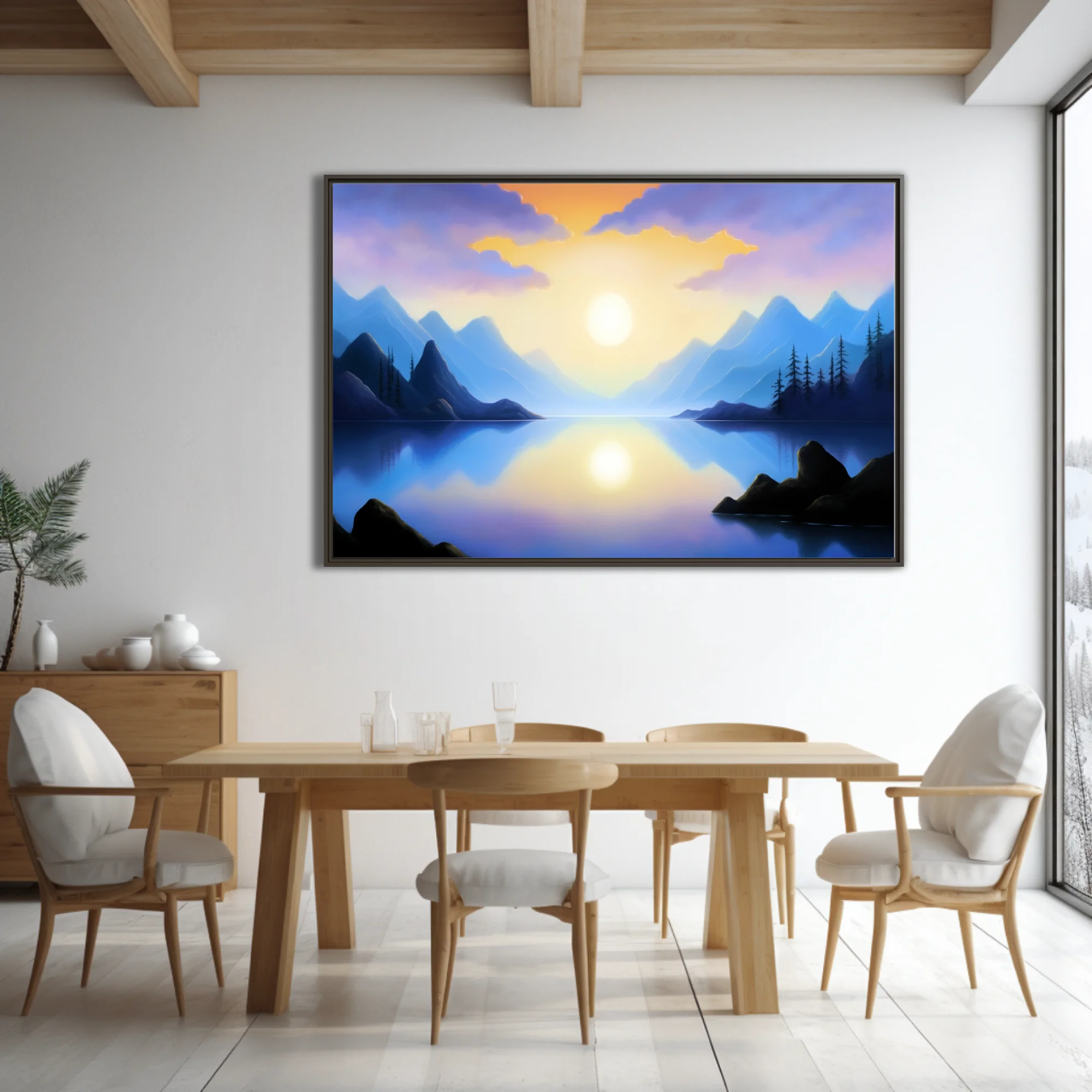 Fantasy mountain lake at sunrise, violet and gold palette, glassy reflection