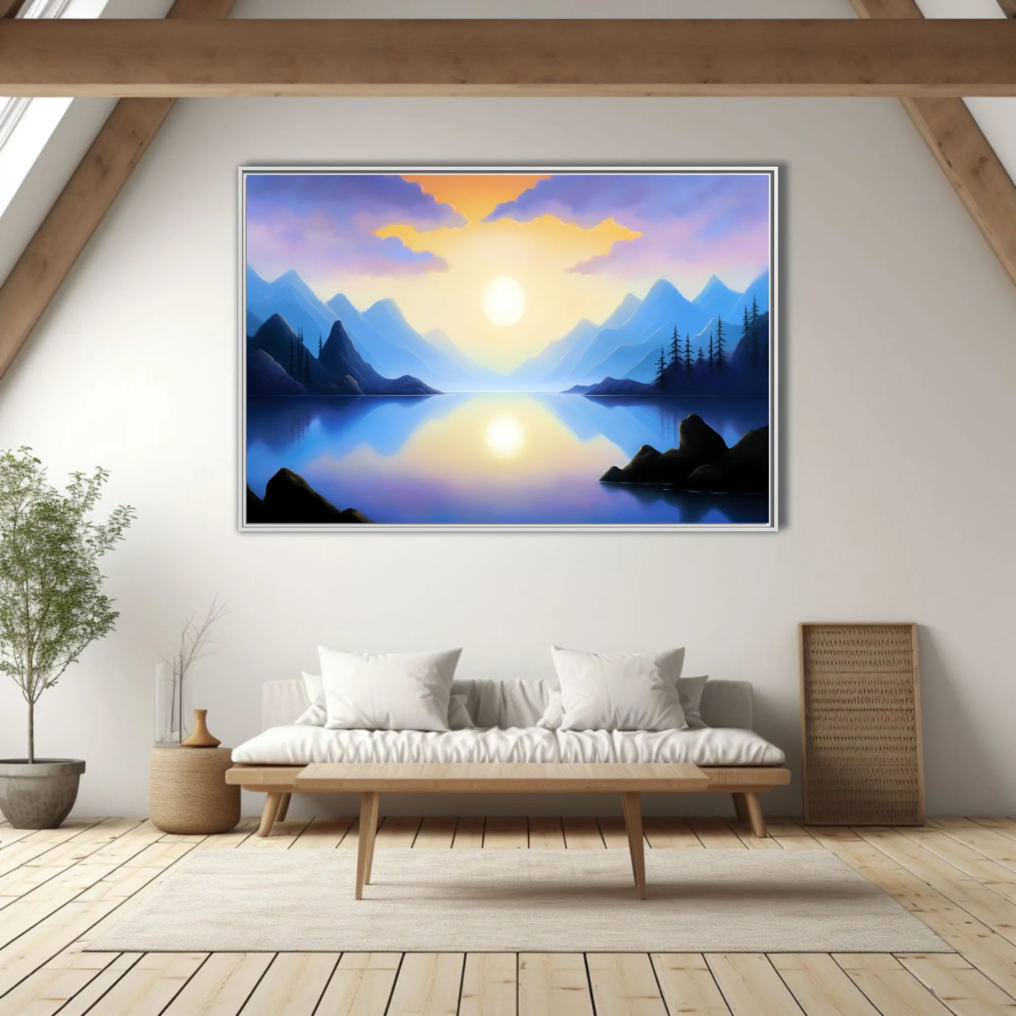 Fantasy mountain lake at sunrise, violet and gold palette, glassy reflection
