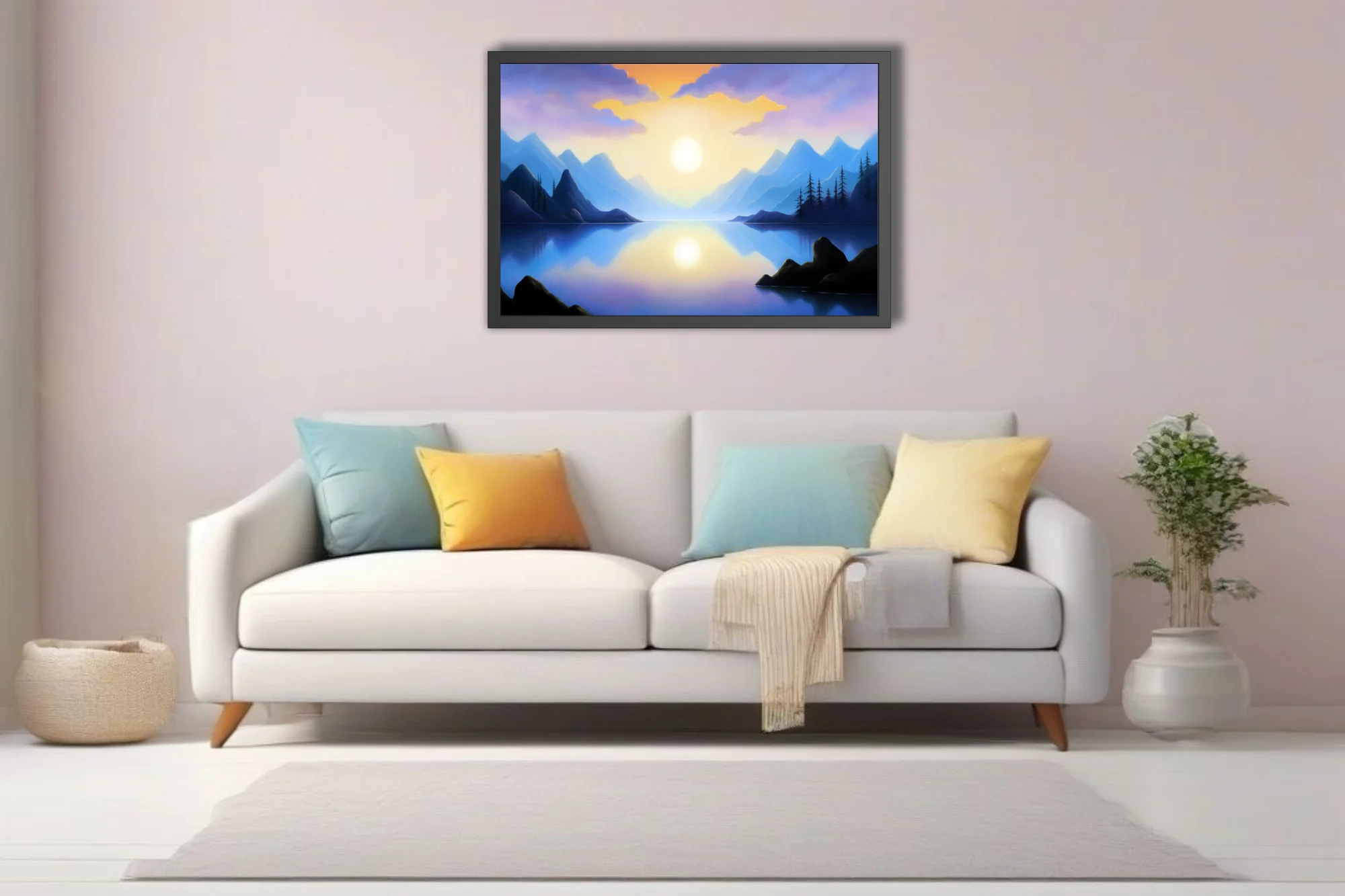 Fantasy mountain lake at sunrise, violet and gold palette, glassy reflection