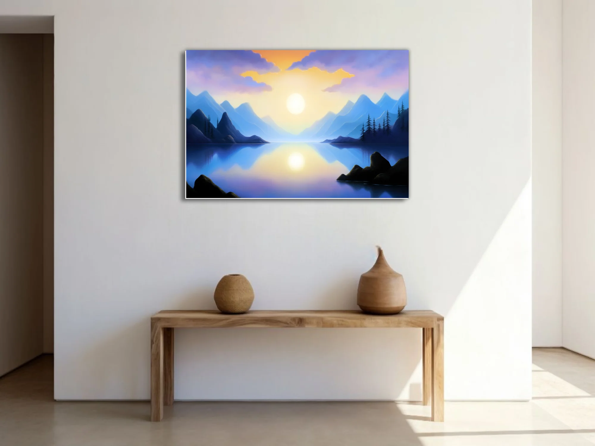 Fantasy mountain lake at sunrise, violet and gold palette, glassy reflection