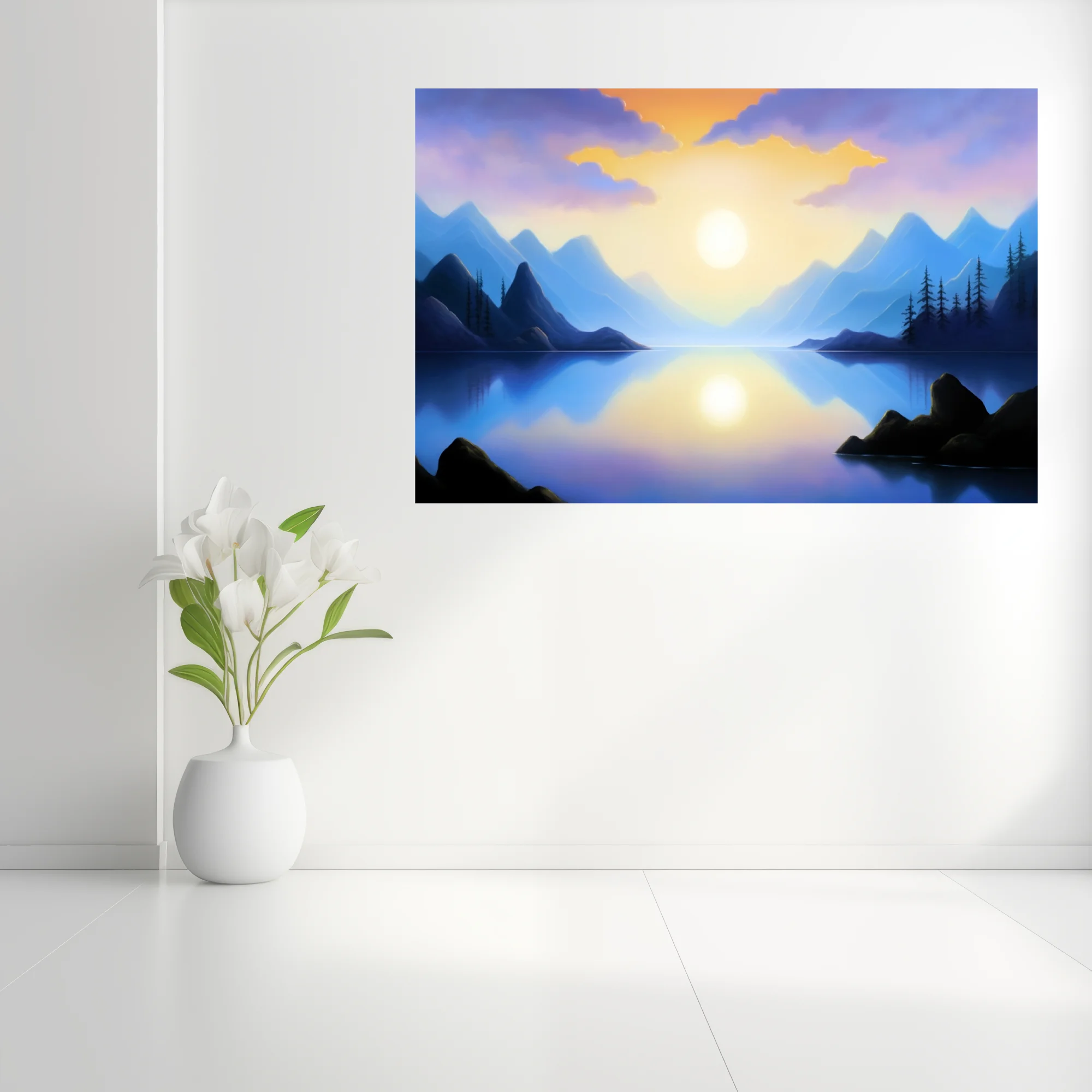 Fantasy mountain lake at sunrise, violet and gold palette, glassy reflection