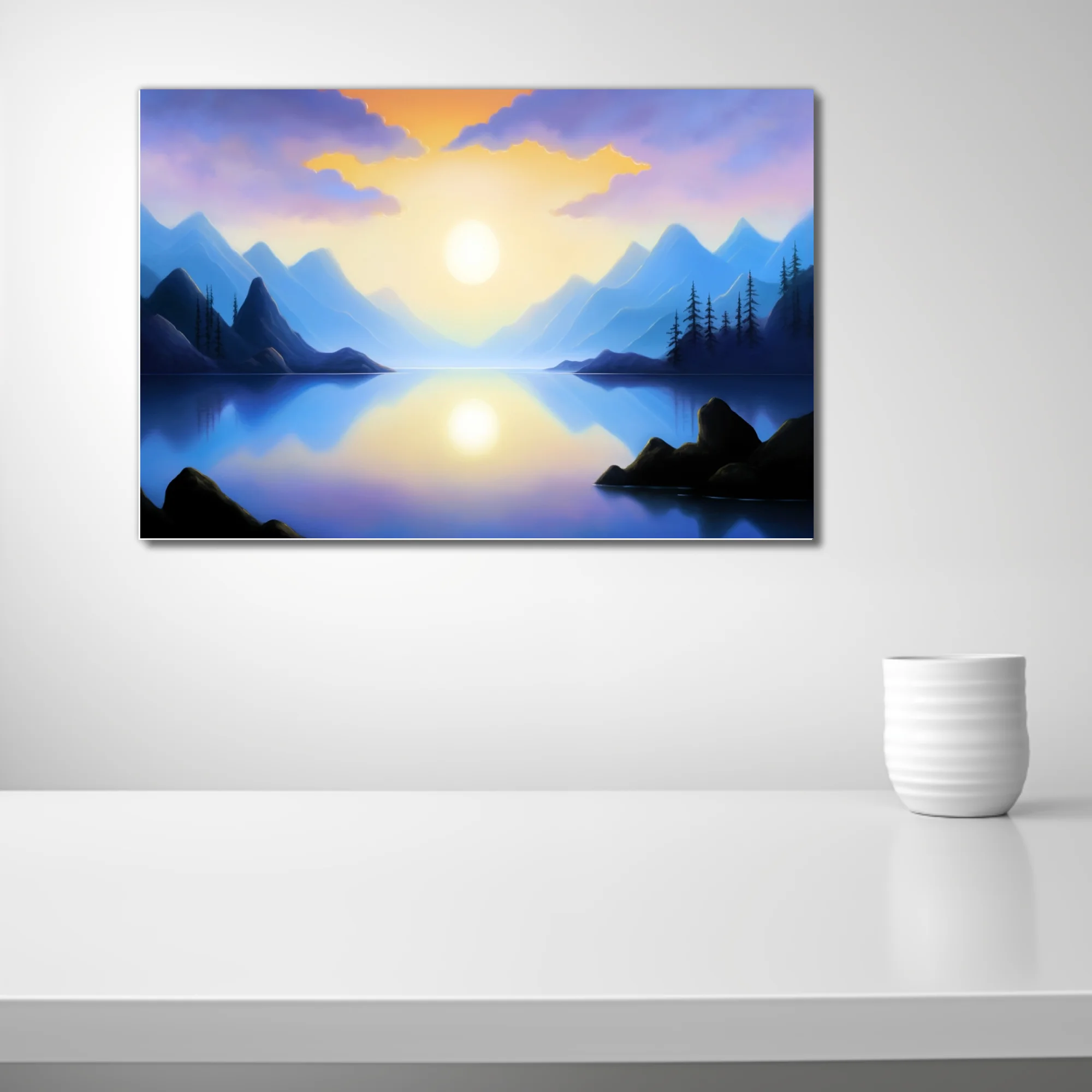 Fantasy mountain lake at sunrise, violet and gold palette, glassy reflection