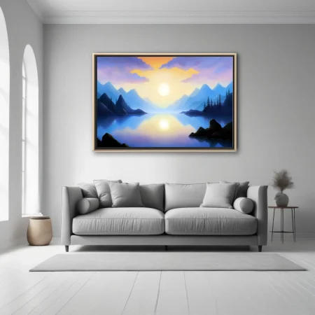 Fantasy mountain lake at sunrise, violet and gold palette, glassy reflection