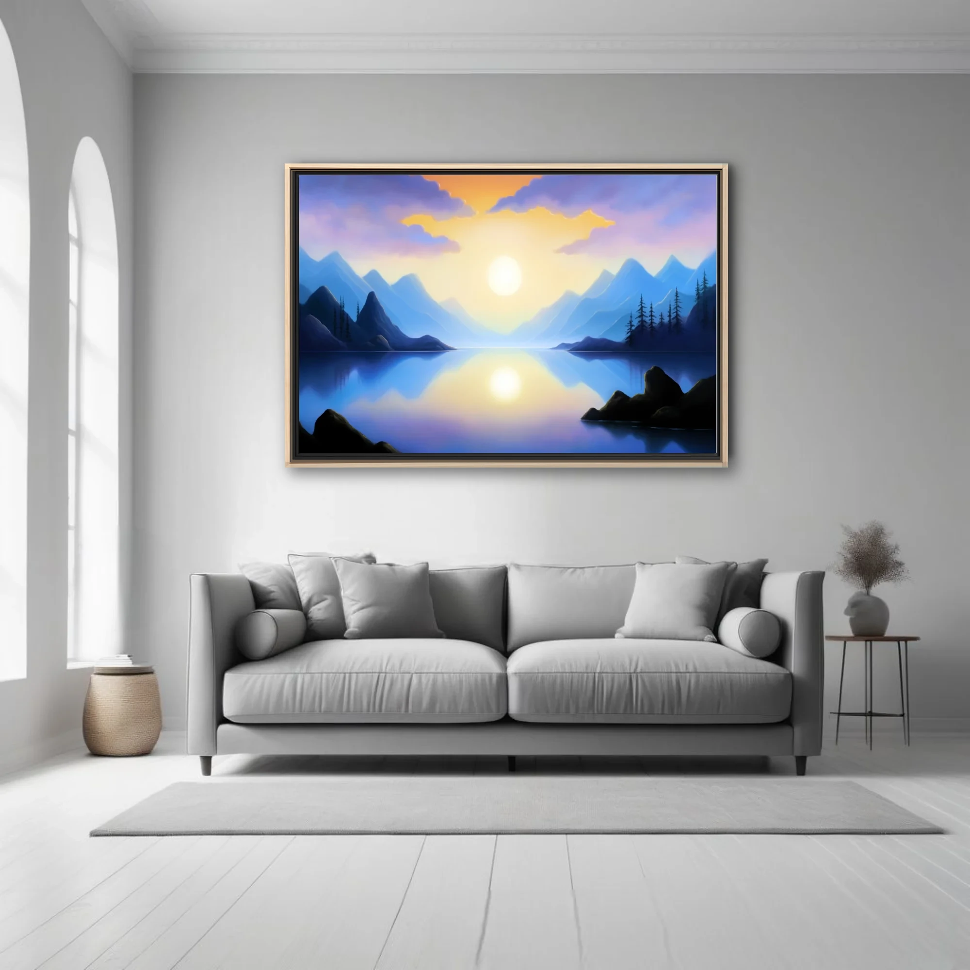 Fantasy mountain lake at sunrise, violet and gold palette, glassy reflection