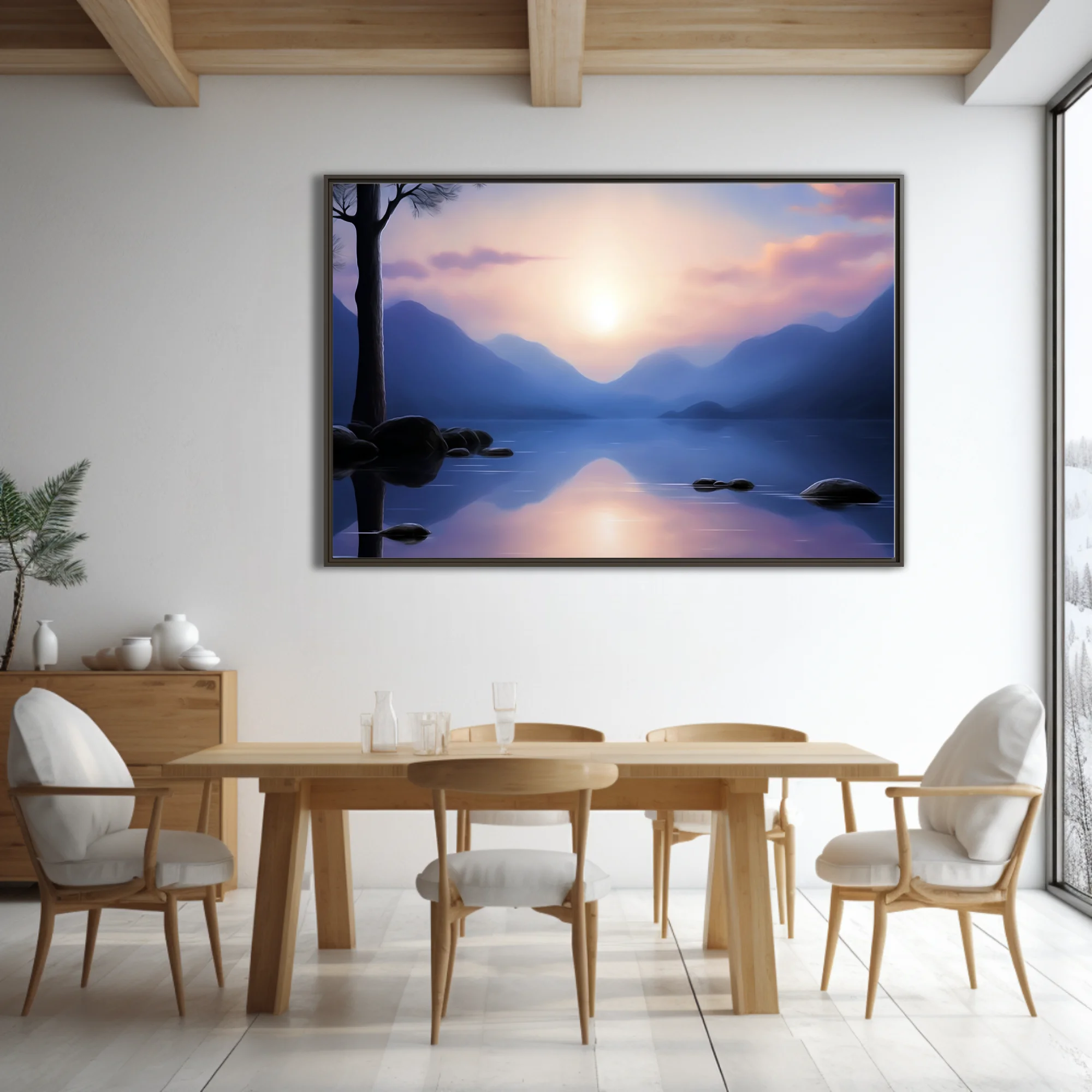 Minimalist lakeside landscape, misty mountains, glassy blue water, soft sunrise glow