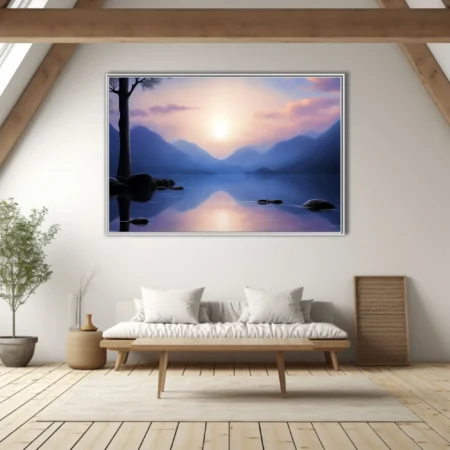 Minimalist lakeside landscape, misty mountains, glassy blue water, soft sunrise glow
