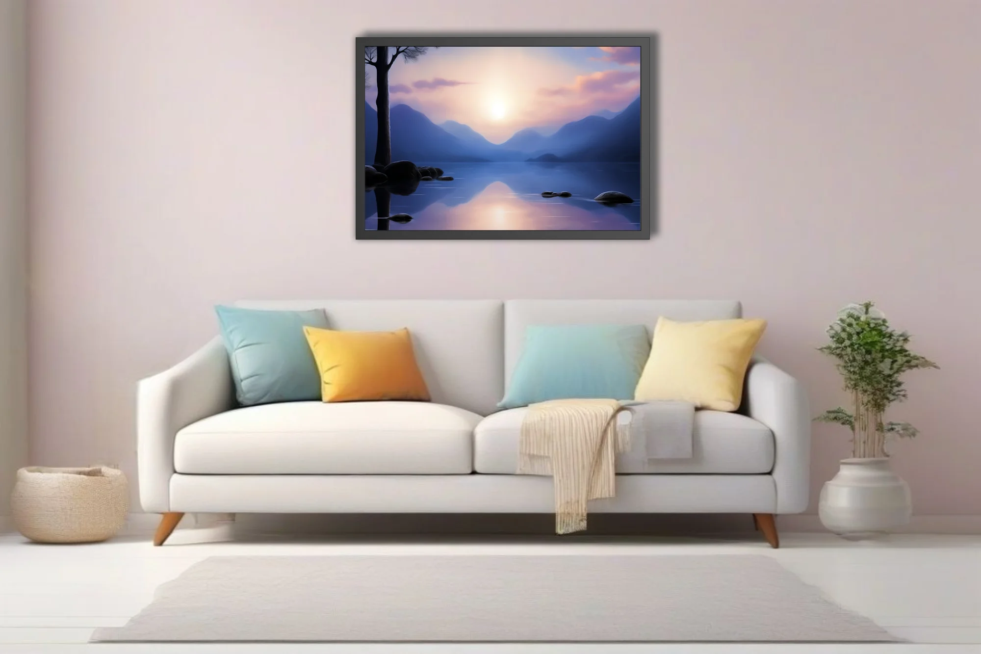 Minimalist lakeside landscape, misty mountains, glassy blue water, soft sunrise glow