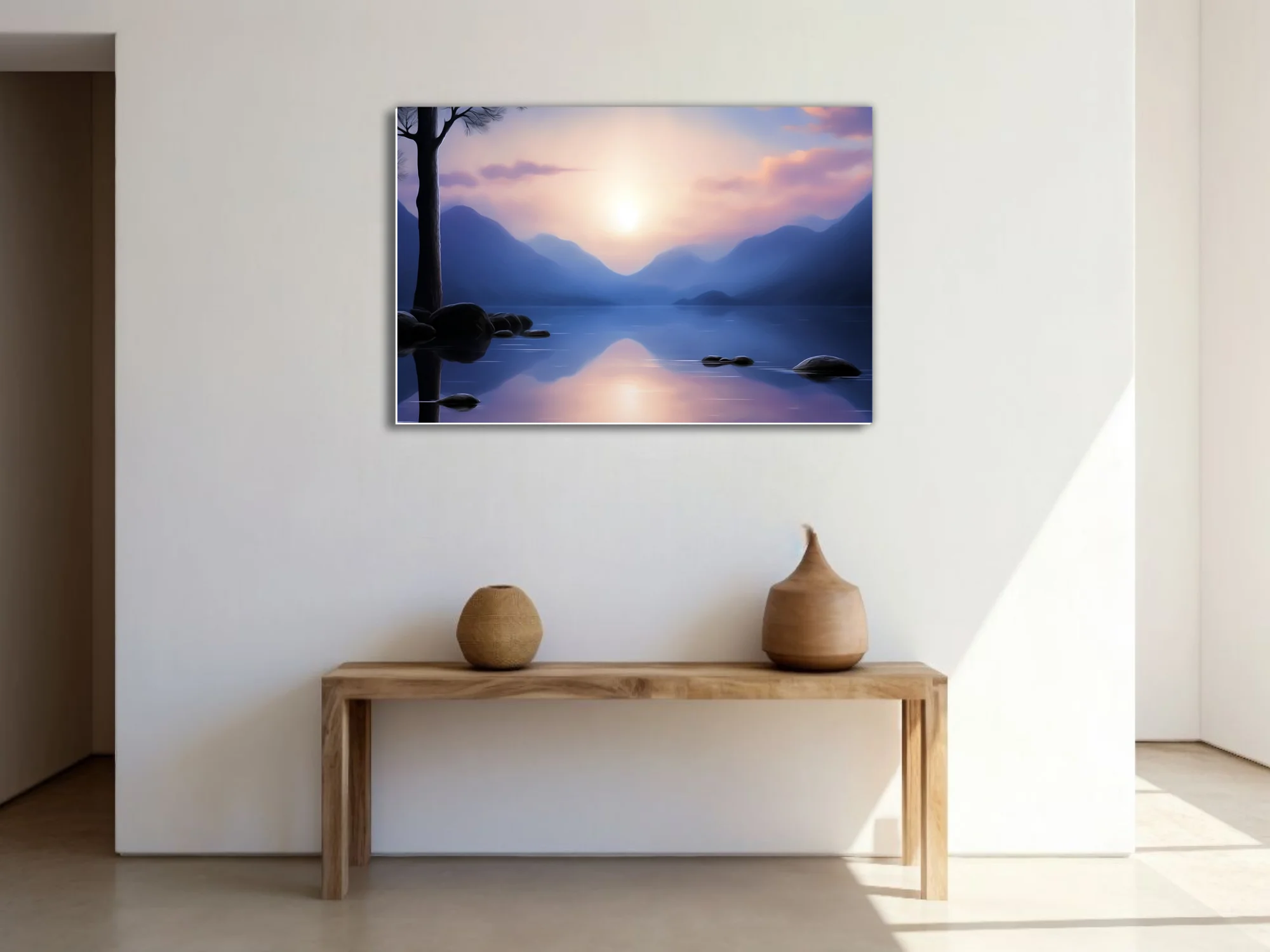 Minimalist lakeside landscape, misty mountains, glassy blue water, soft sunrise glow