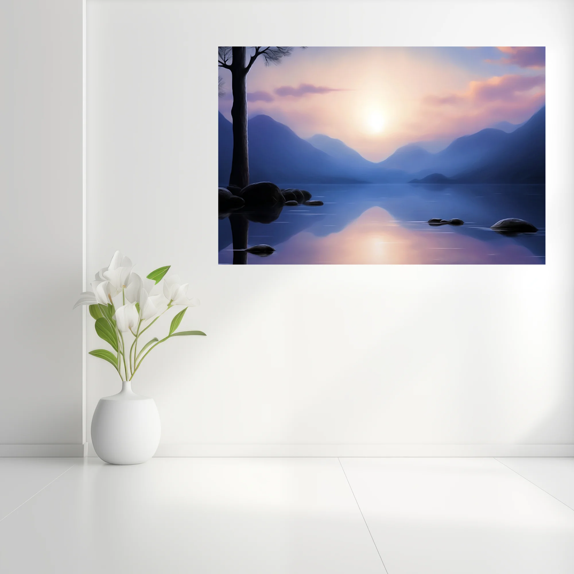 Minimalist lakeside landscape, misty mountains, glassy blue water, soft sunrise glow