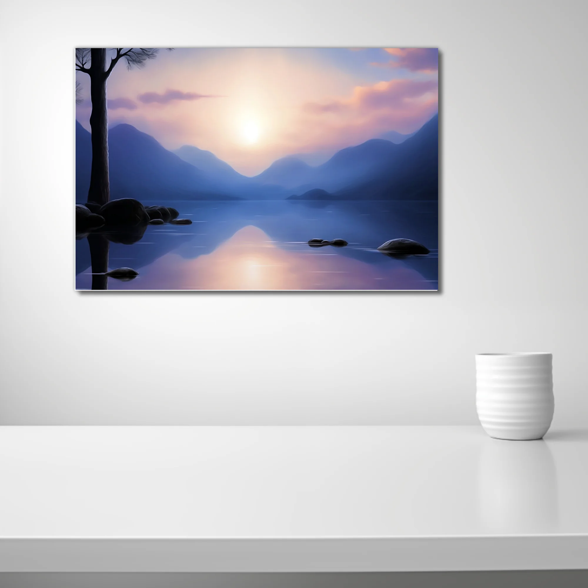 Minimalist lakeside landscape, misty mountains, glassy blue water, soft sunrise glow